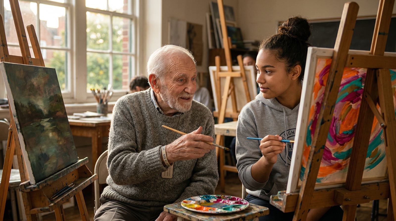 An older survivor and a teen student painting side by side at easels