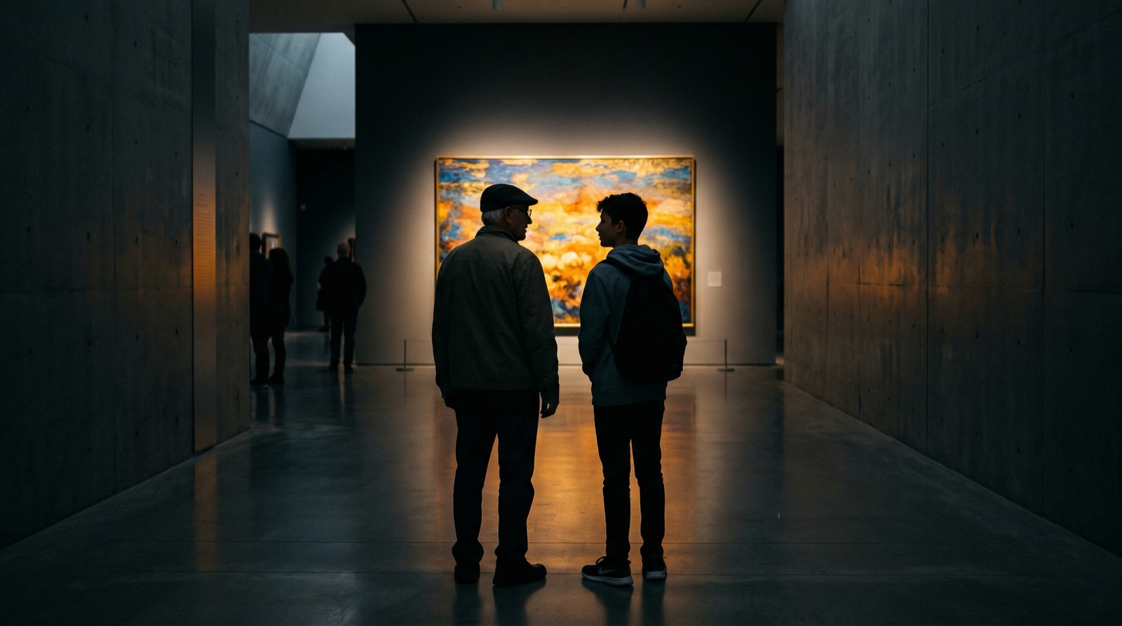 An older man and a teen boy in silhouette at a gallery, viewing a large abstract painting