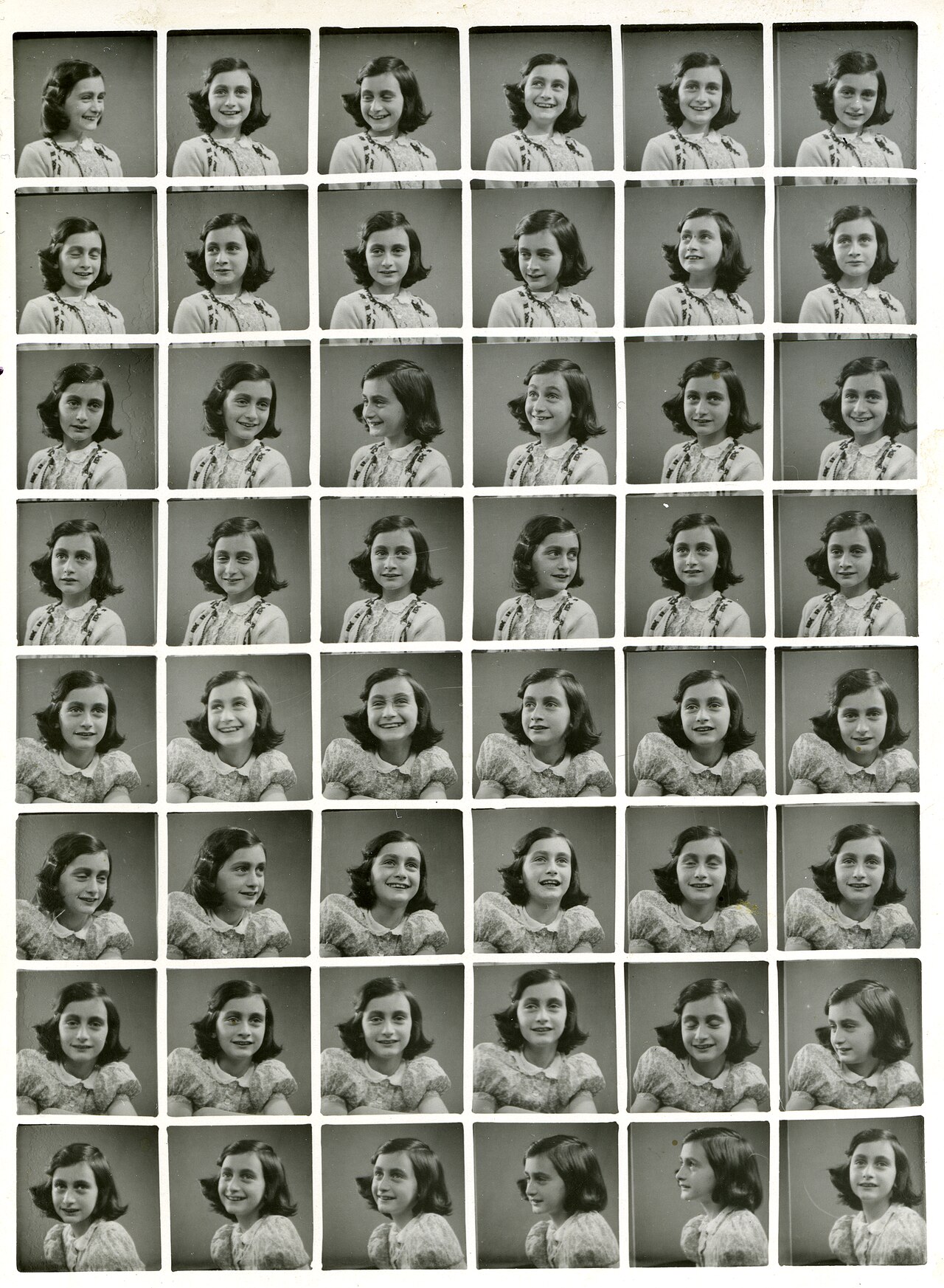 Contact sheet of 48 passport photographs of Anne Frank taken in Amsterdam, May 1939