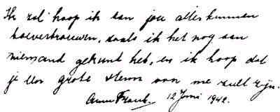 Anne Frank's handwriting from the opening of her diary, June 12, 1942
