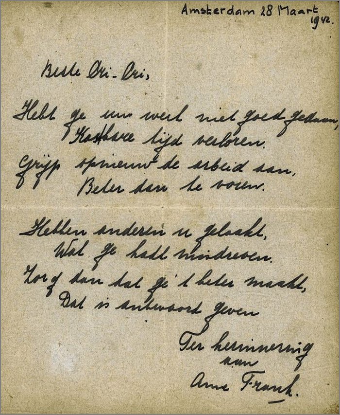 A short poem written by Anne Frank for a friend, Amsterdam, March 28, 1942
