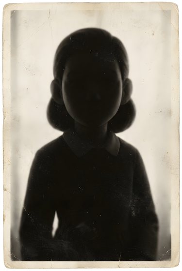 A blacked-out portrait standing in for Rywka Lipszyc, of whom no photograph survives