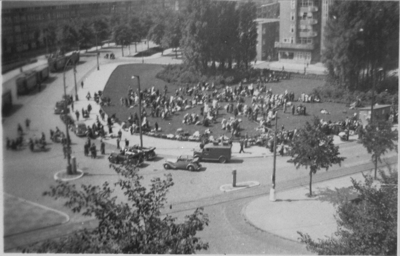 Amsterdam Jews waiting at an assembly point before deportation to Westerbork, June 20, 1943, photographed secretly