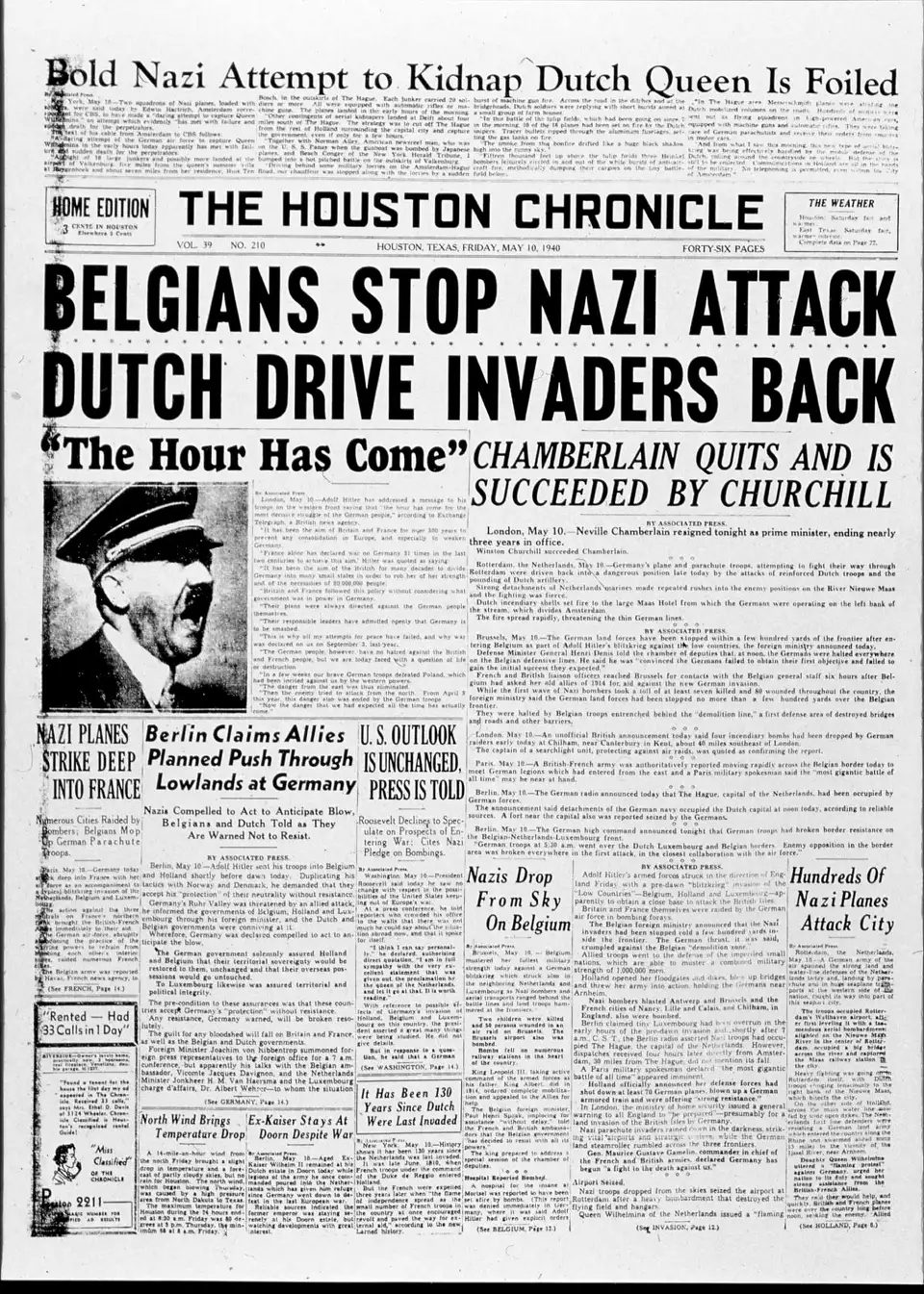 An American newspaper front page announcing the Nazi invasion of Holland and Belgium, May 1940