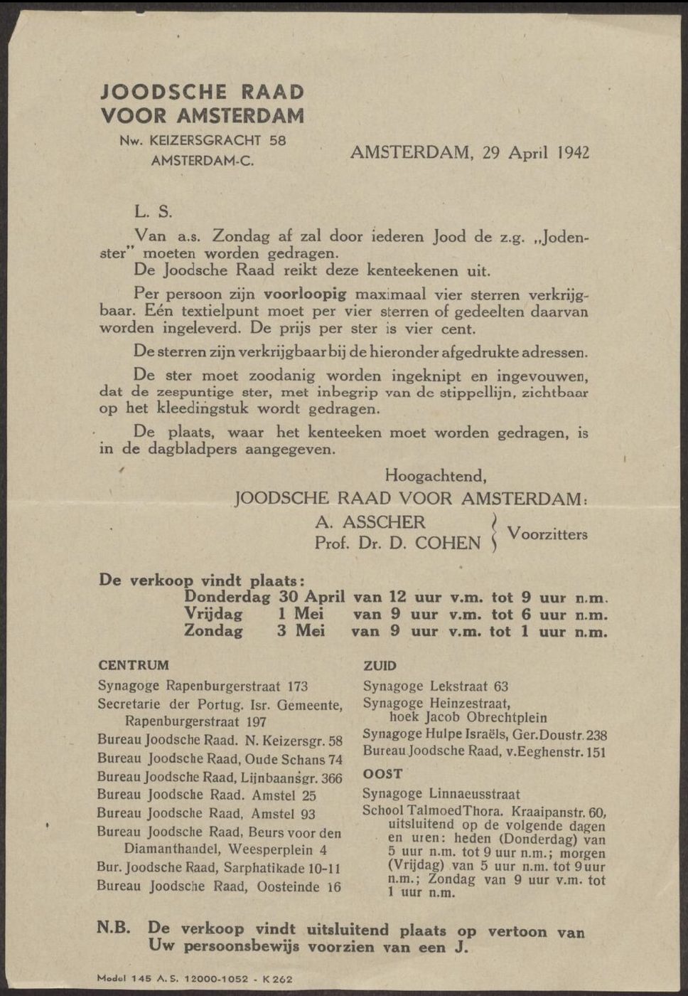 Letter from the Jewish Council of Amsterdam, April 29, 1942, announcing the compulsory Jewish star