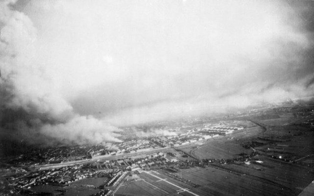 Aerial photograph of Rotterdam burning after the German bombing of May 14, 1940