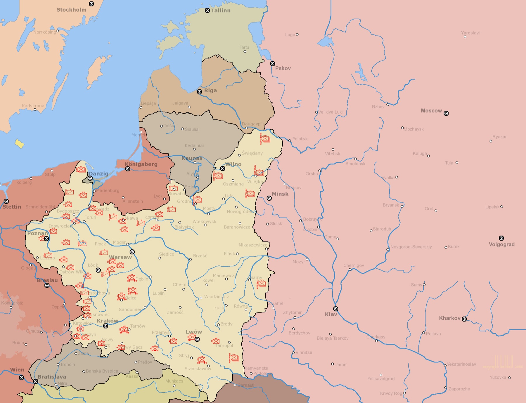 Map of the Second Polish Republic in 1939 showing its provinces and borders before the German and Soviet invasions.