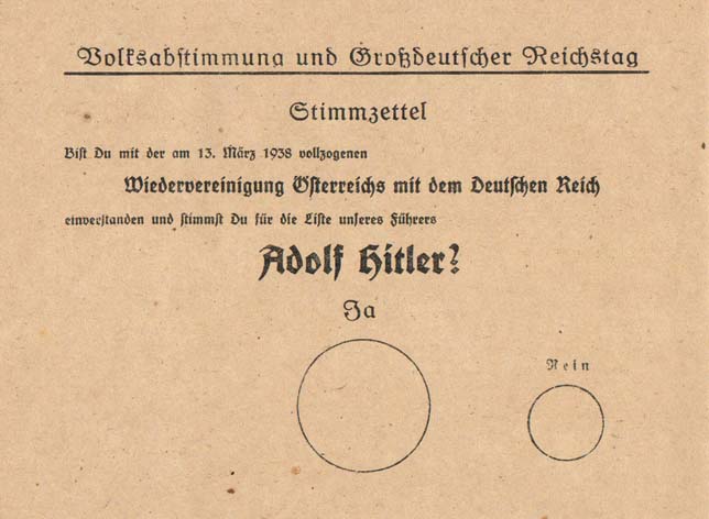 The 1938 Anschluss plebiscite ballot, with a large circle marked Ja and a much smaller circle marked Nein.