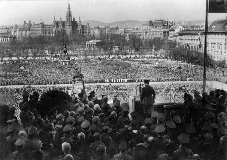 Adolf Hitler addressing an enormous crowd on the Heldenplatz in Vienna in March 1938.