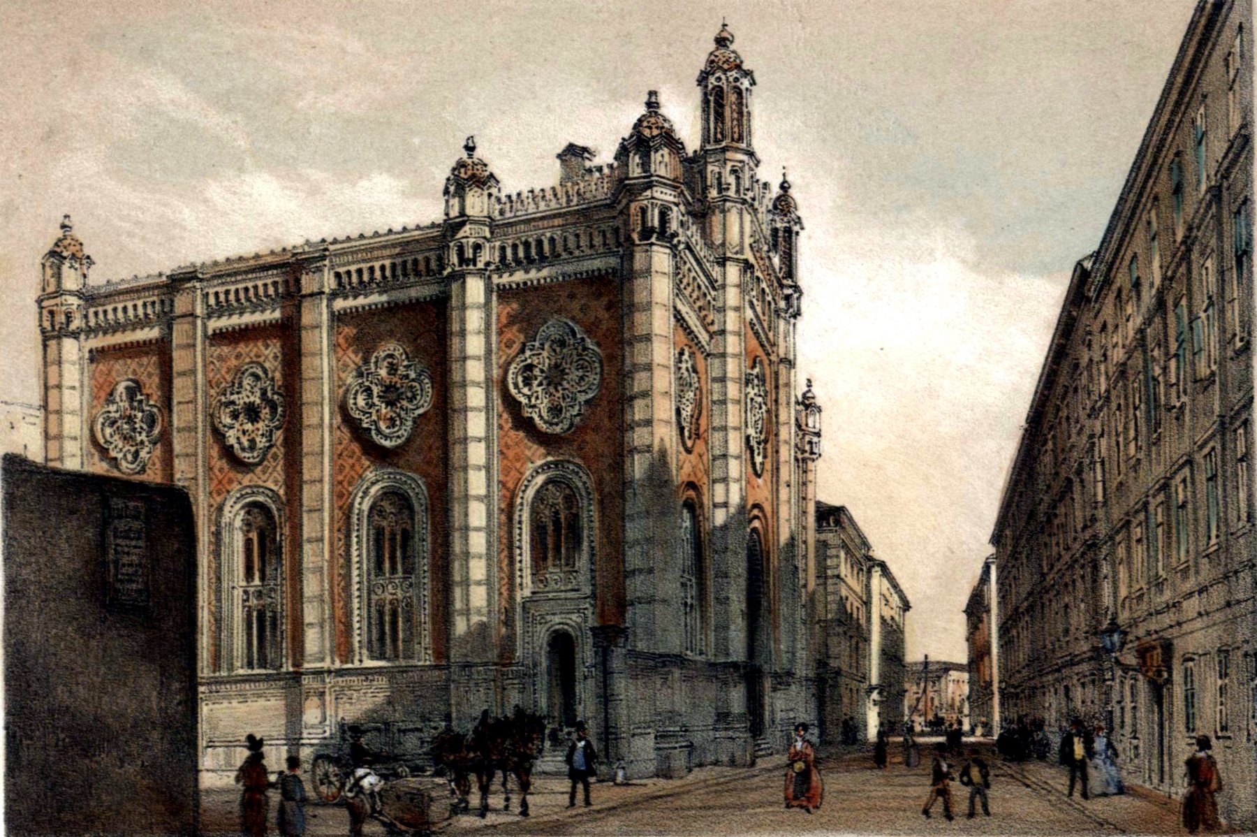 A colored lithograph of the Leopoldstädter Tempel in Vienna, a large Moorish-style synagogue with ornate towers and rose windows, a carriage and passers-by in the street before it.