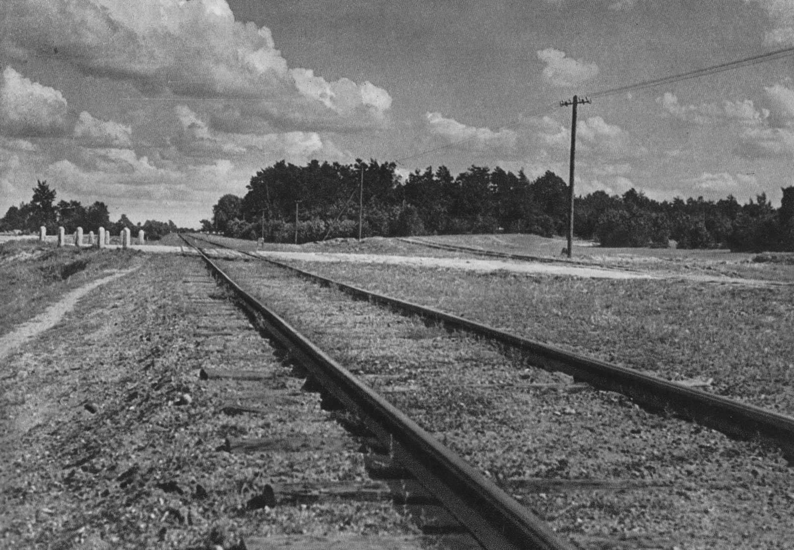 A single-track rail siding running through flat open ground toward a treeline, photographed at ground level in 1945. No buildings stand along it.