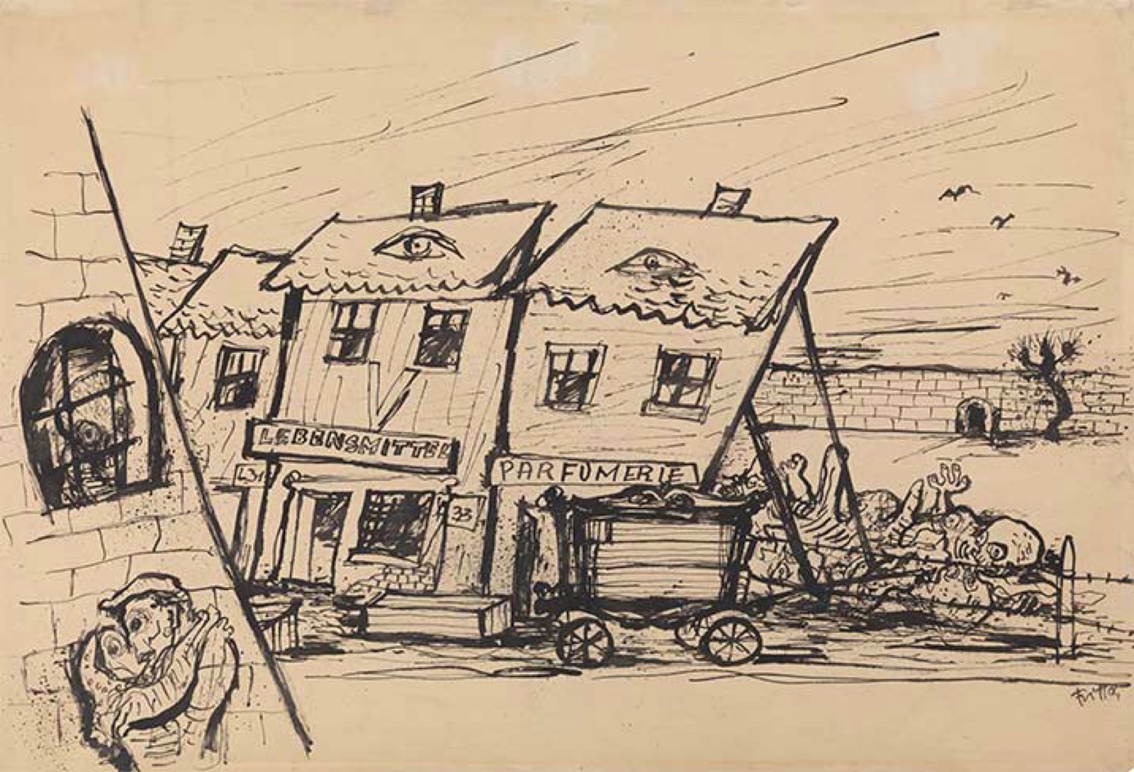Ink drawing of two shop buildings signed LEBENSMITTEL and PARFUMERIE, held up from behind by long timber props like stage scenery, with human figures heaped on the ground beside them.