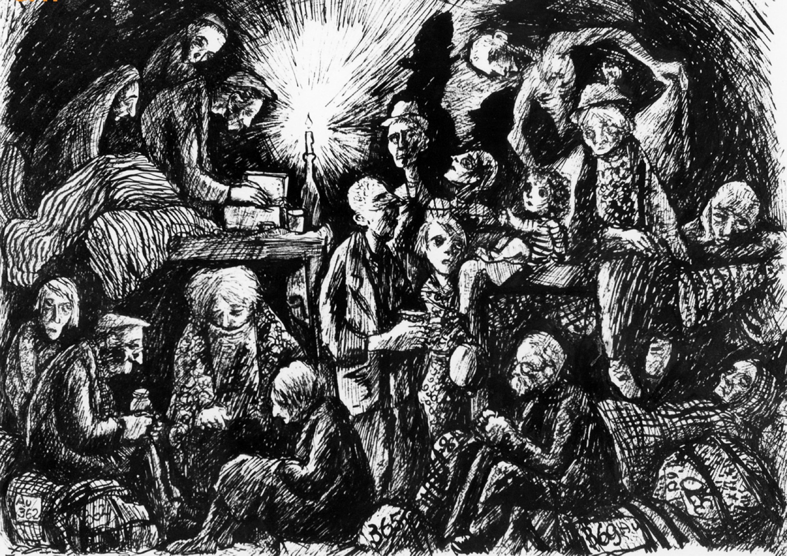 Ink drawing of a dark, crowded room lit by one candle, twenty or more gaunt people of all ages pressed together sitting and lying on bedding and on bundles marked with transport numbers.
