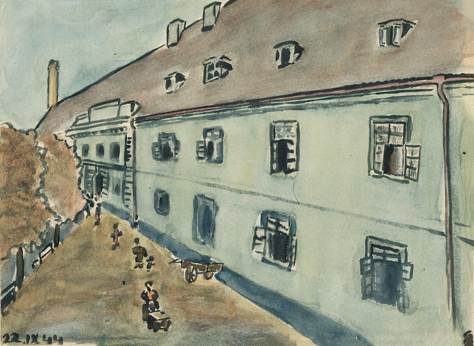 Watercolor of a long two-story building seen down its length, pale walls with dark shuttered windows and a brown roof with dormer windows, a dirt street running beside it where a few small figures walk and a wooden handcart stands empty.