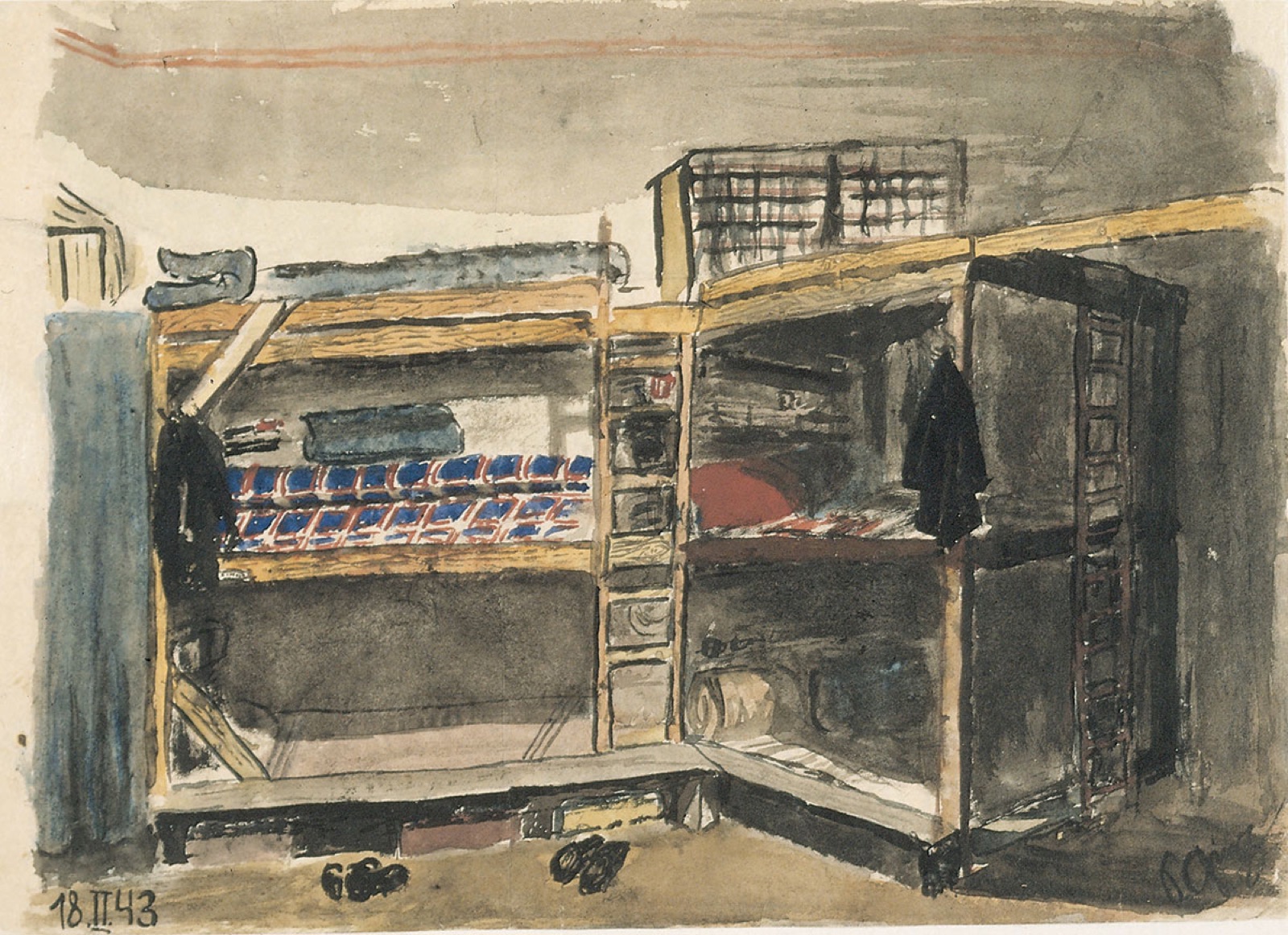 Watercolor of a barracks room with wooden bunks in tiers meeting at a corner, a ladder rising between them, folded red and blue striped bedding on one tier, dark coats hanging from the frames, and two pairs of shoes on the bare floor.