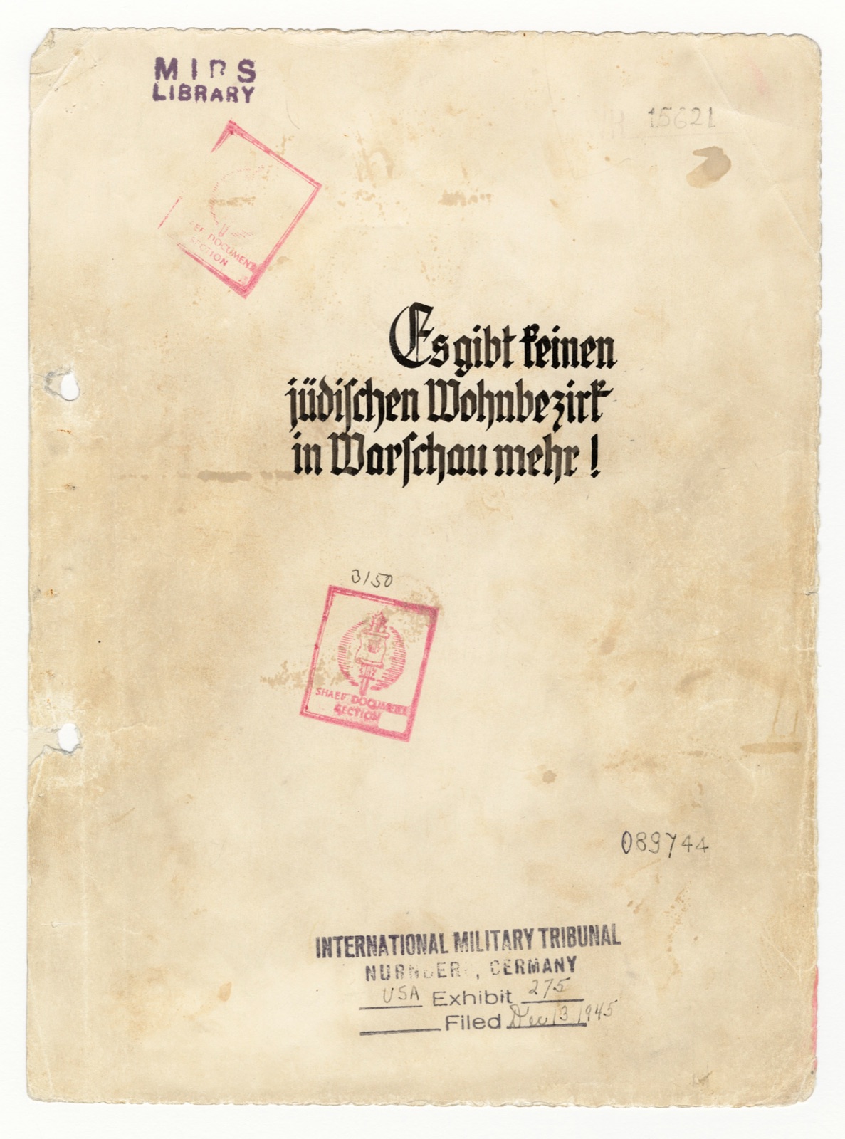 A typed German title page inside a bound album, with a large heading and, below it, rectangular inked evidence stamps.