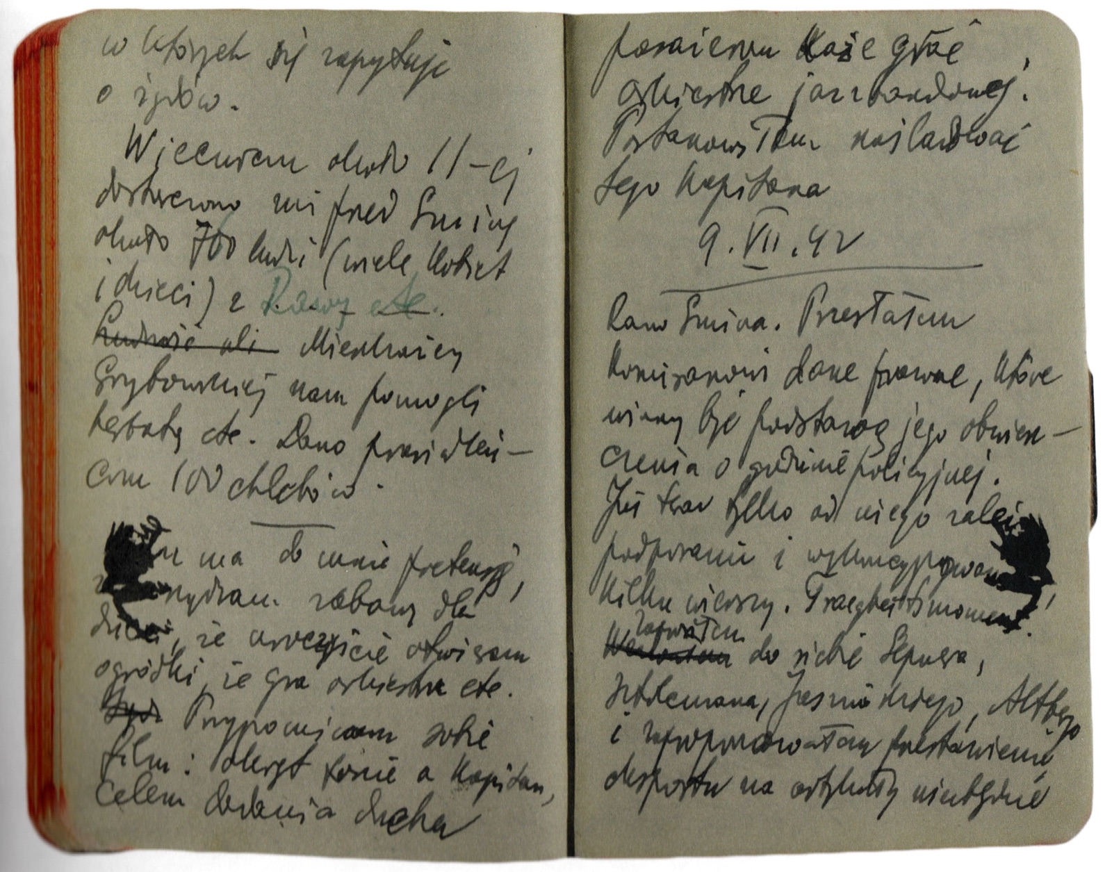 Two facing pages of a small handwritten diary, the script dense and close-set.