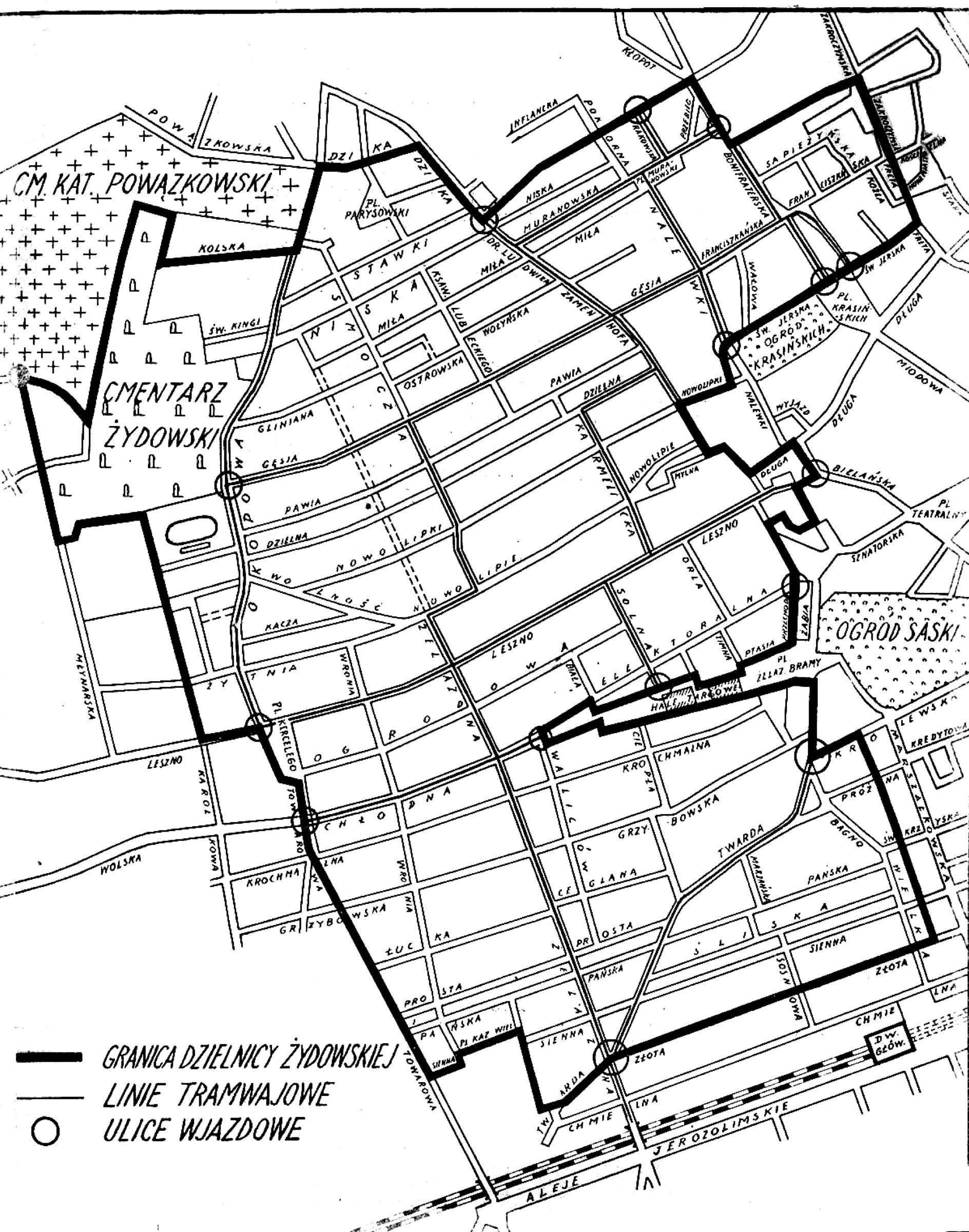 A printed street plan of central Warsaw with one irregular district picked out by a heavy outline and shading, the surrounding blocks and street names set in small type.