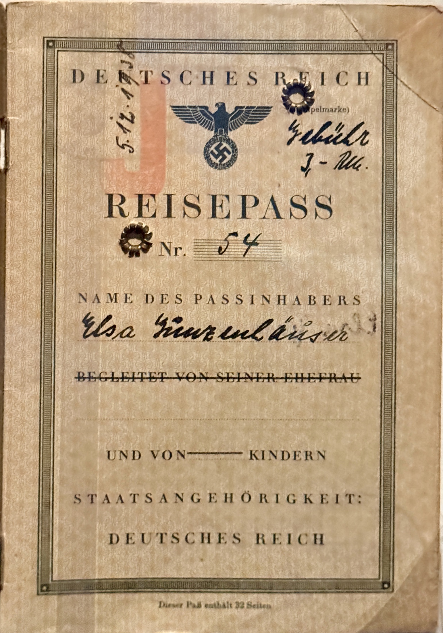 A German passport from the late 1930s stamped with a large letter J.