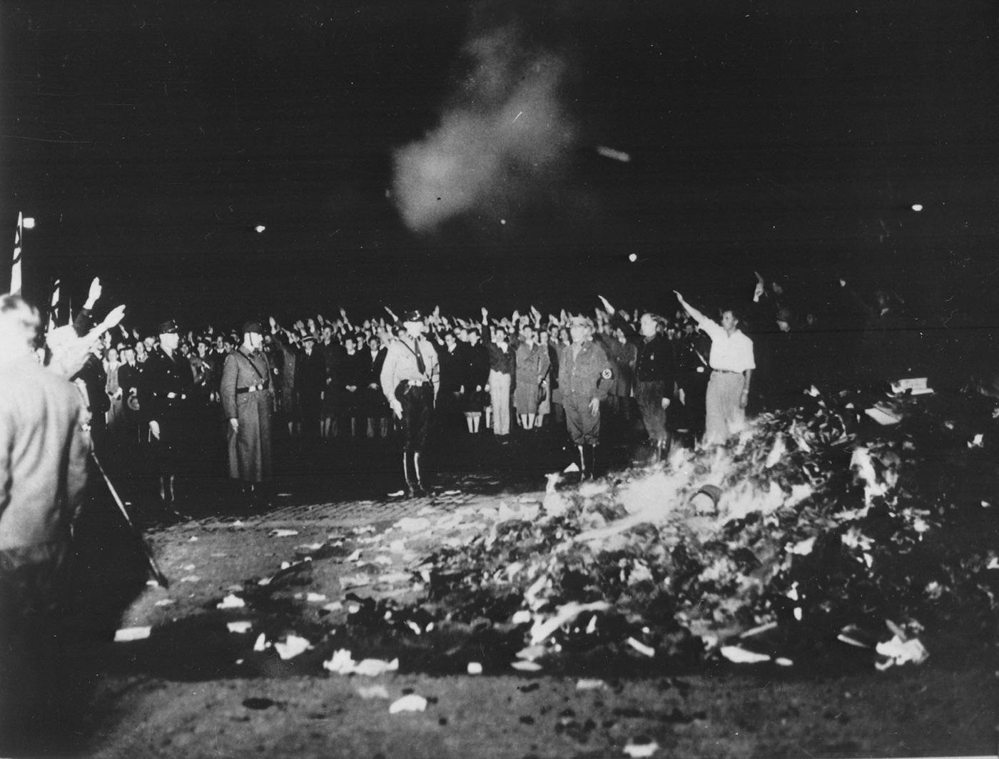A crowd around a bonfire of books on the Opernplatz in Berlin in May 1933.