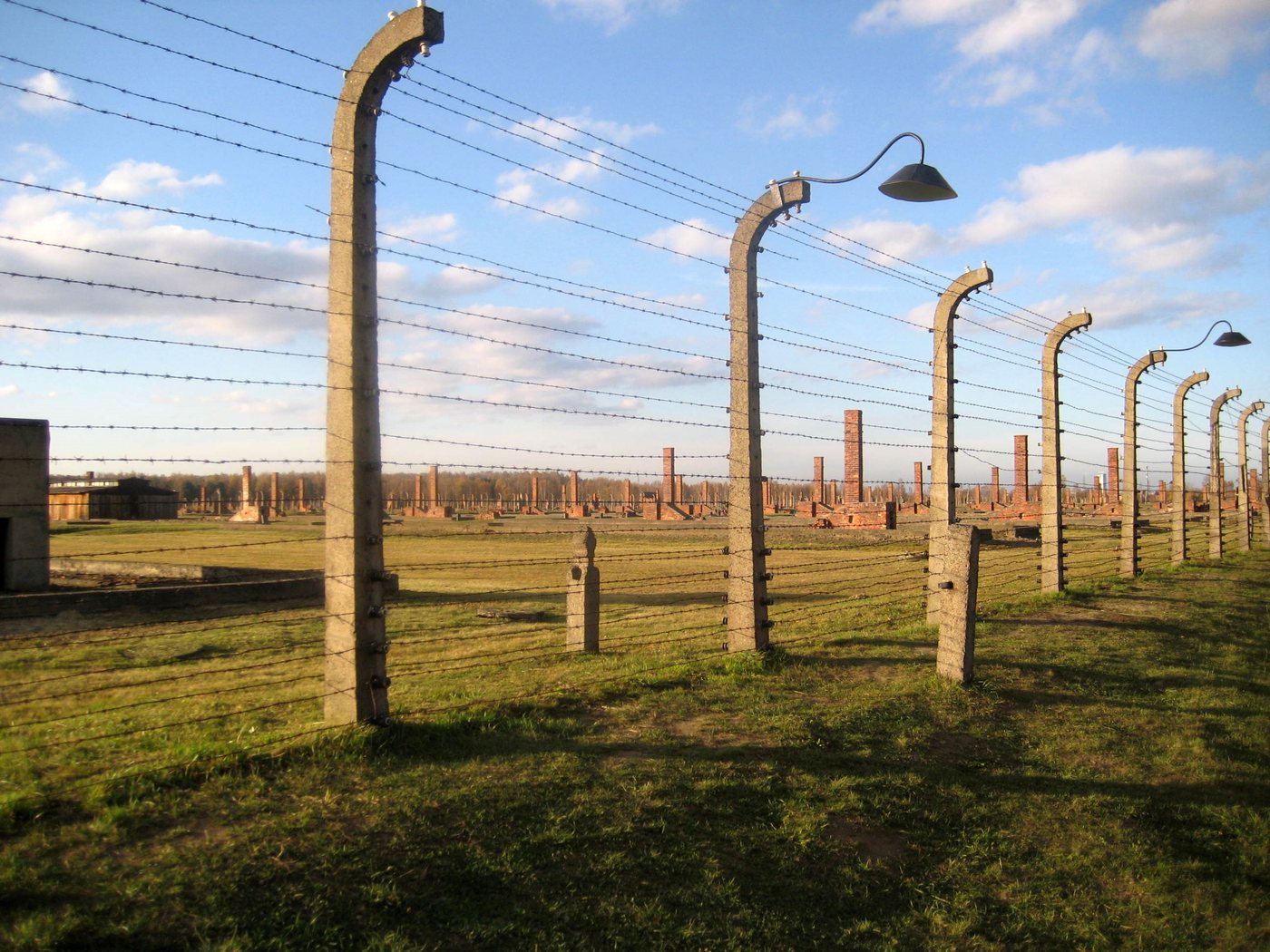 Rows of concrete posts and barbed wire fencing at Auschwitz-Birkenau, receding into the distance under a blue sky