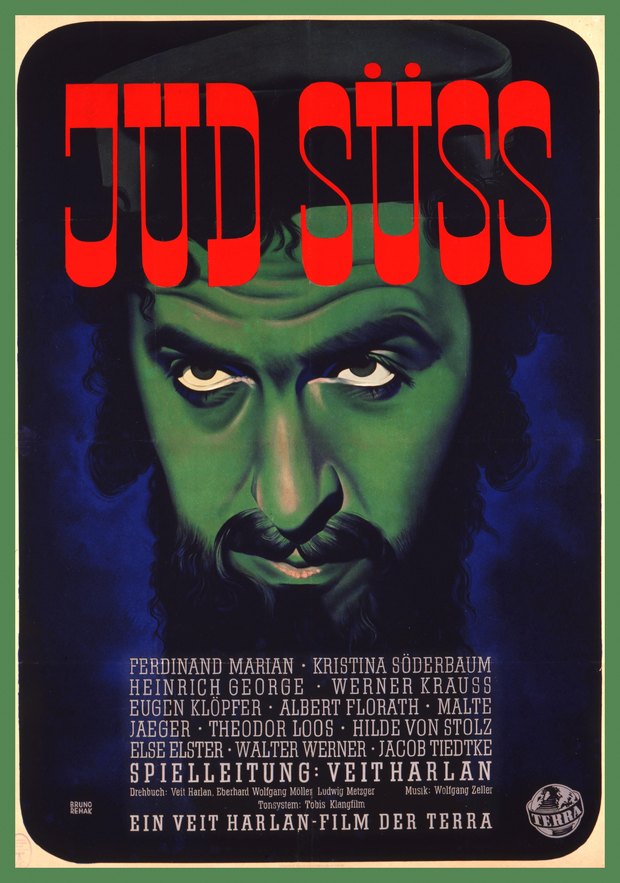 Original 1940 German release poster for the antisemitic propaganda film Jud Suss, showing a green-tinted caricature of a Jewish man beneath the title in red letters