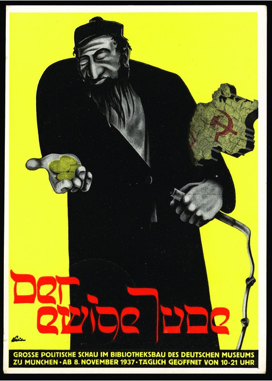 Yellow 1940 German poster showing a caricatured figure holding coins and a whip