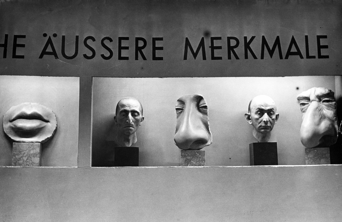 Museum vitrine displaying plaster casts of facial features under a German-language heading