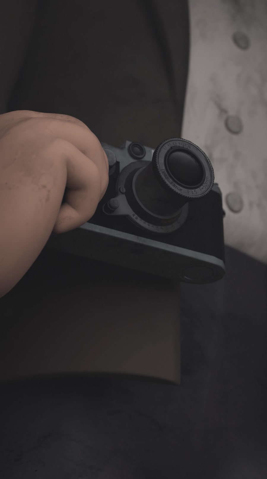 Animated still of a prisoner concealing a camera against a brick wall as smoke rises behind him