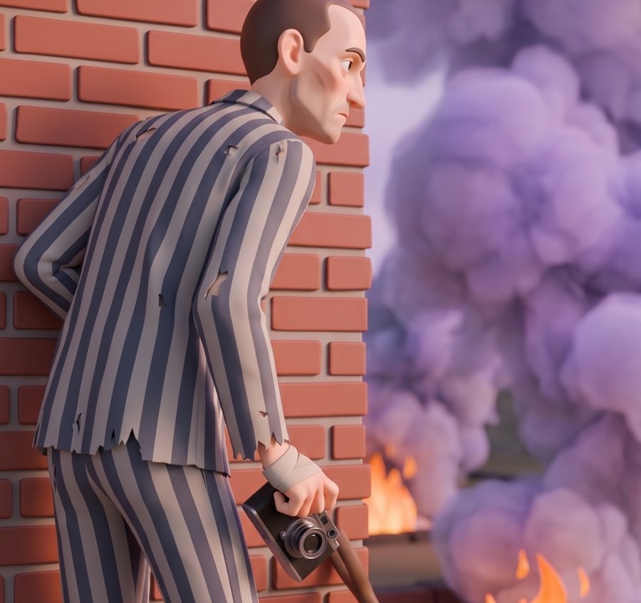Animated still of a prisoner in striped camp uniform pressed against a brick wall, holding a concealed camera, with smoke rising behind him