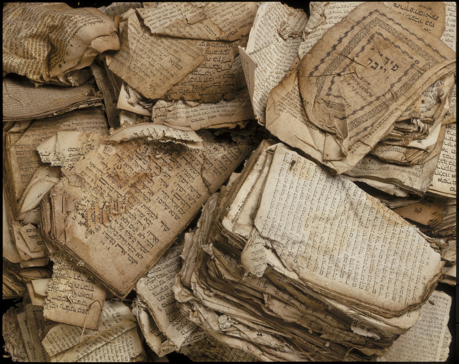 A heap of books, many of them charred and torn, piled together on the ground.
