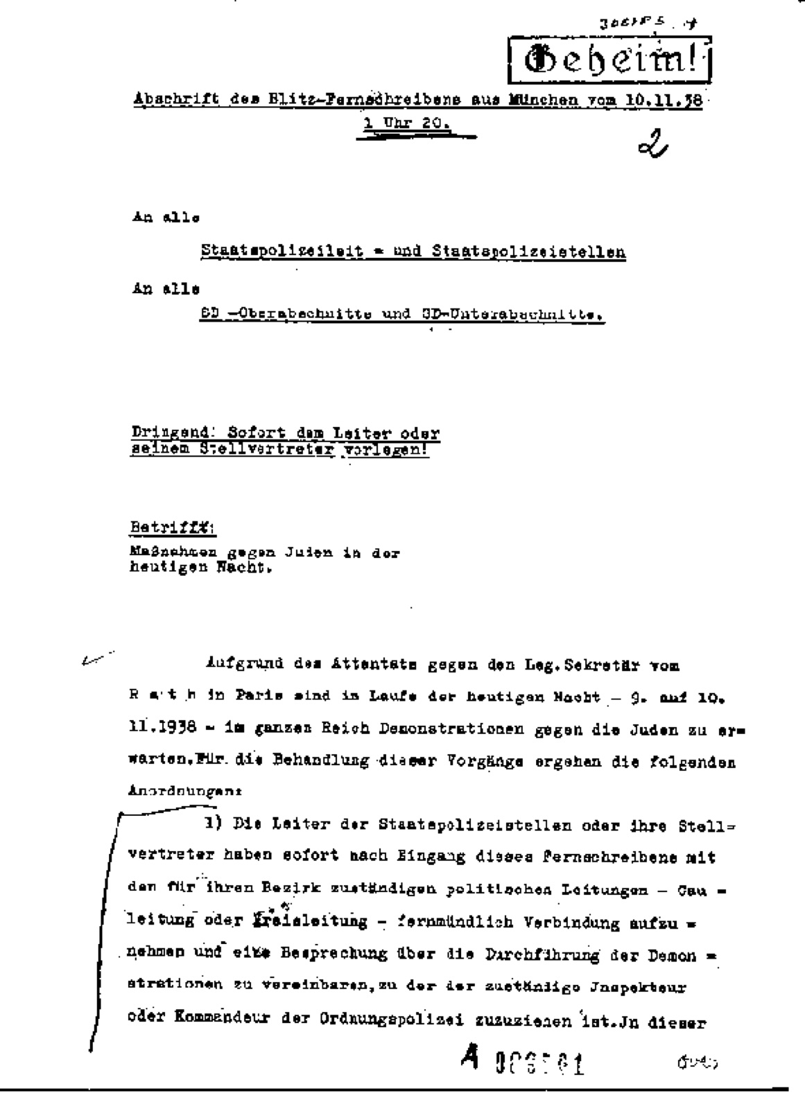 The first page of a typed teleprinter message on German security police letterhead, dated November 10, 1938 and timed 1:20 in the morning, with four pages in the sequence.