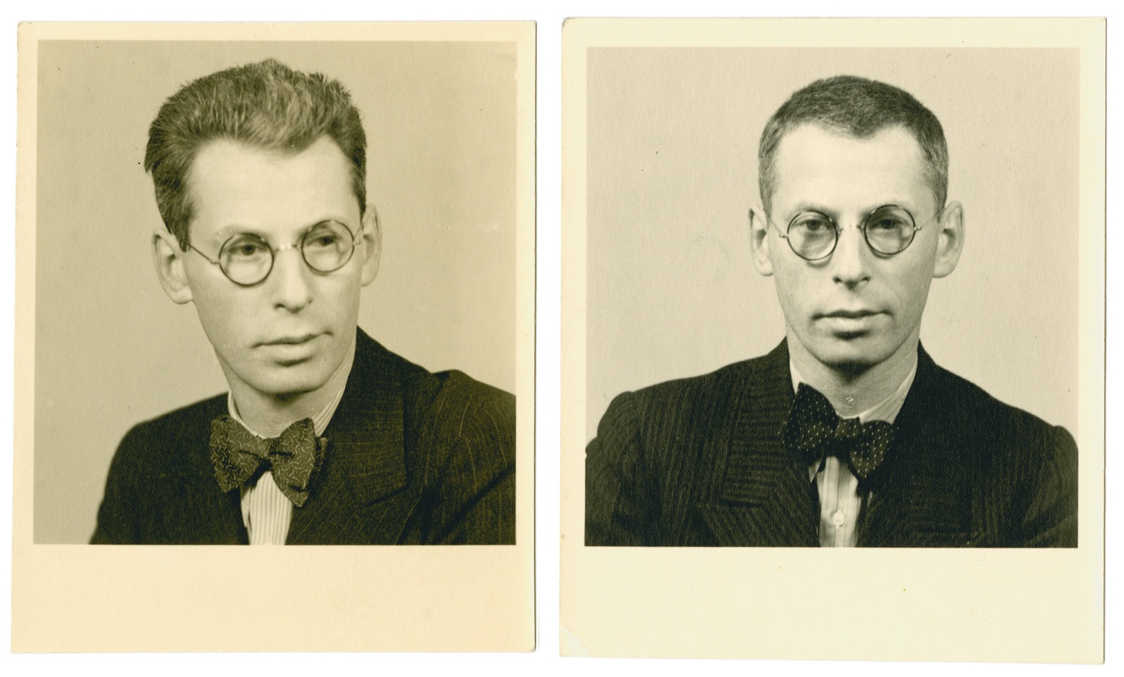 Two studio portraits of Joseph Landman, printed separately and set side by side. On the left, before Dachau: hair full and swept back above round wire glasses, a patterned bow tie over a striped shirt. On the right, after: the same round glasses on a gaunt face, cheekbones and ears standing out, hair cropped close to the scalp, a spotted bow tie and a heavier ribbed jacket.