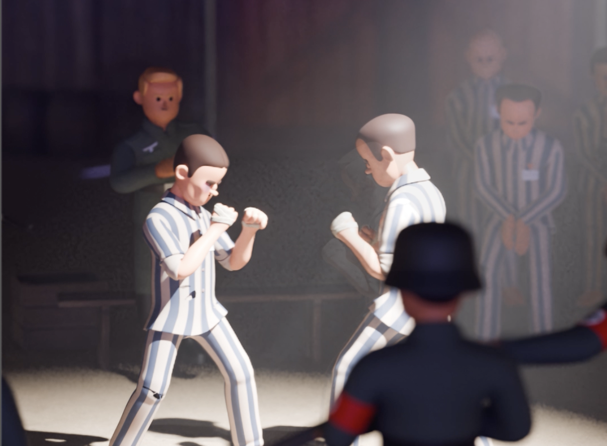 Salamo in the ring with his opponent — two prisoner-fighters face each other, as depicted in The Boxer