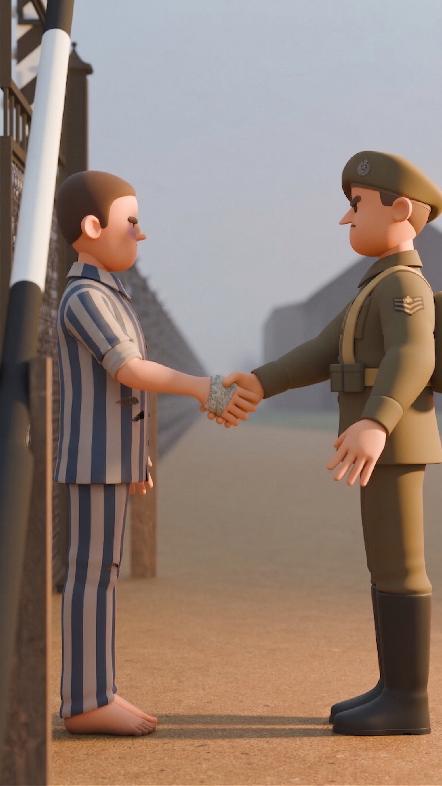 Salamo shakes hands with a British soldier liberating Bergen-Belsen, April 1945 — as depicted in The Boxer