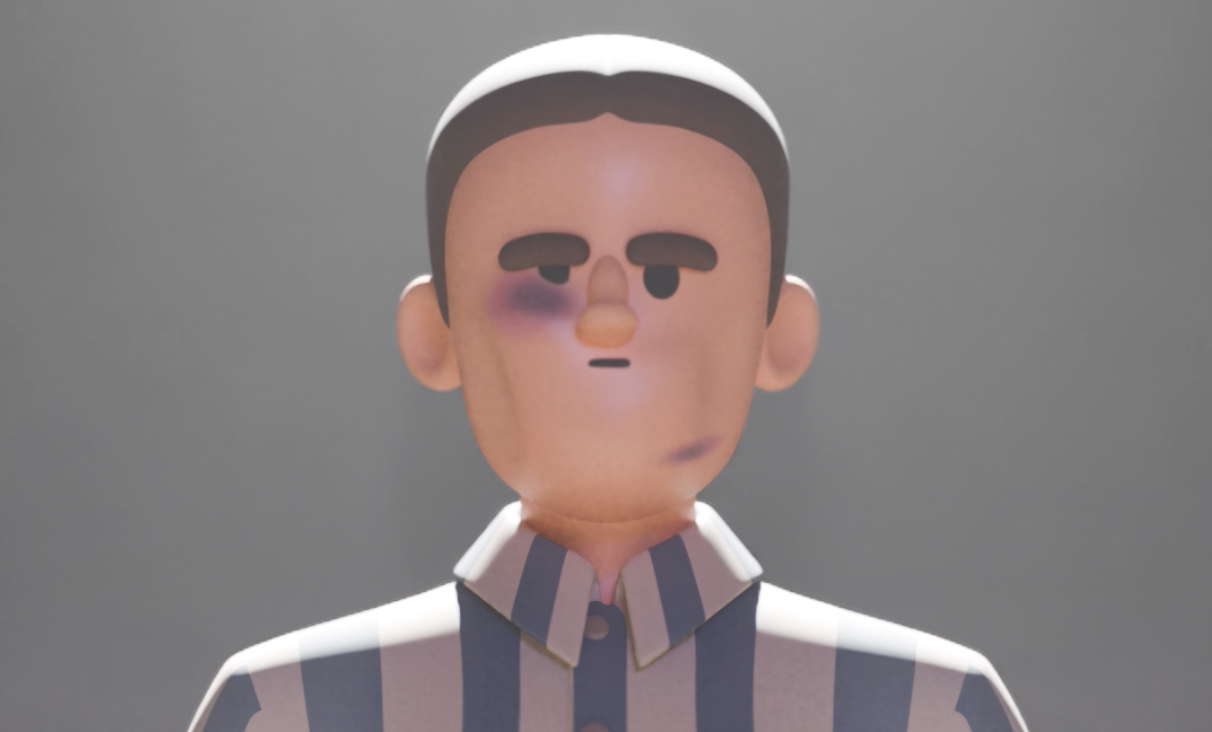 Salamo Arouch standing resolutely in Auschwitz, bruised face — as depicted in The Boxer
