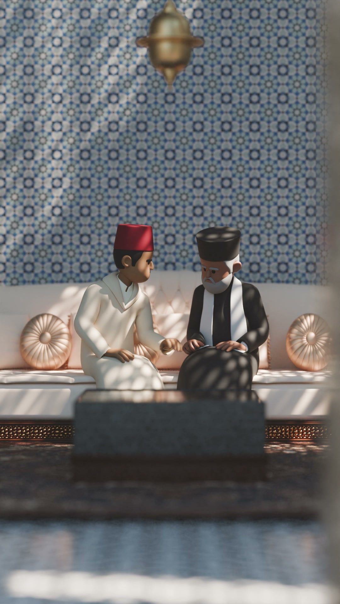 The Sultan and the chief rabbi seated together in a quiet alcove of the palace, an oil lamp between them.