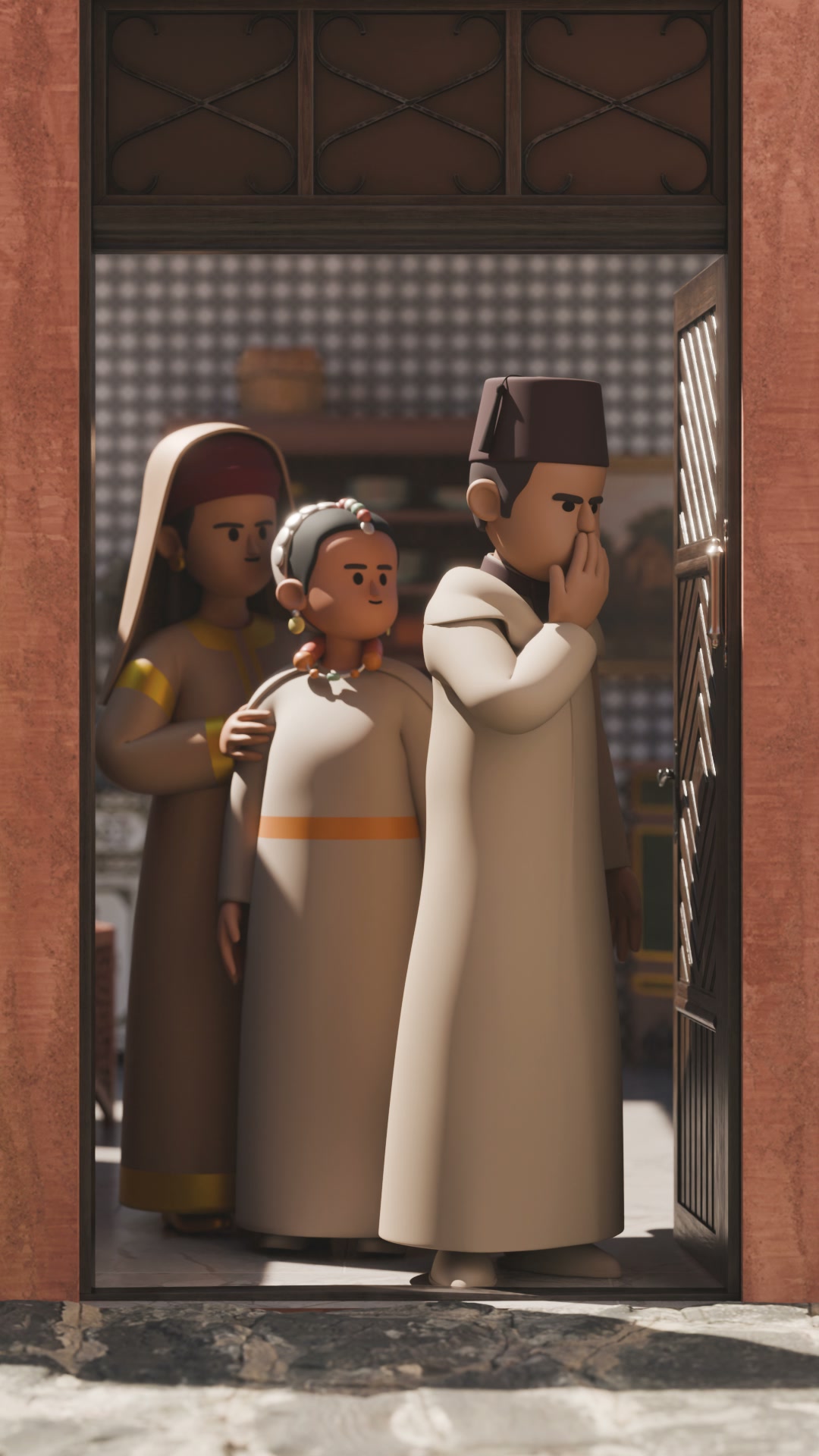 A Moroccan Jewish family at the threshold of their home, the sunlit mellah beyond.