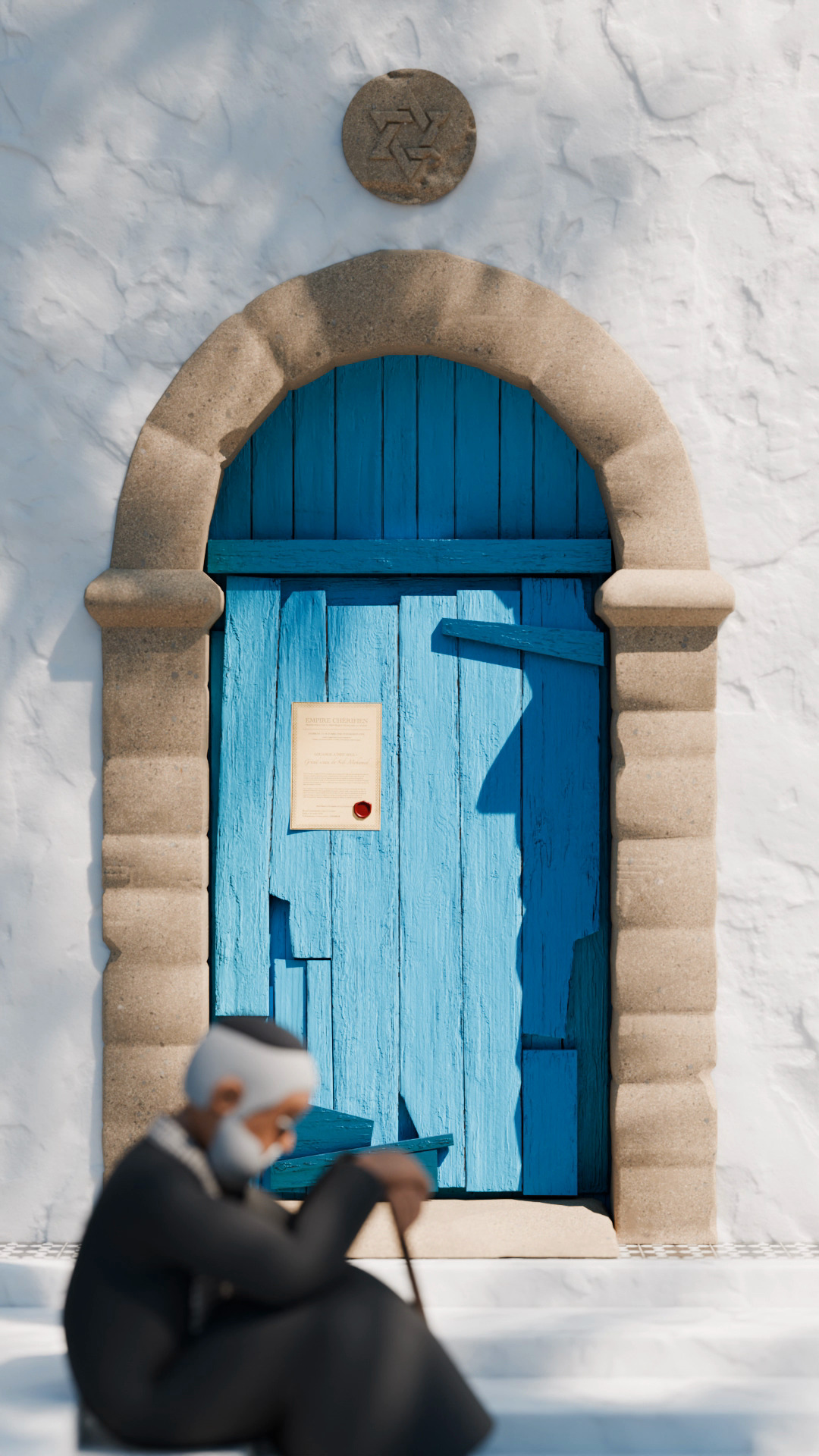 An older Moroccan Jewish man sitting on a step outside his mellah doorway, weighted but enduring.