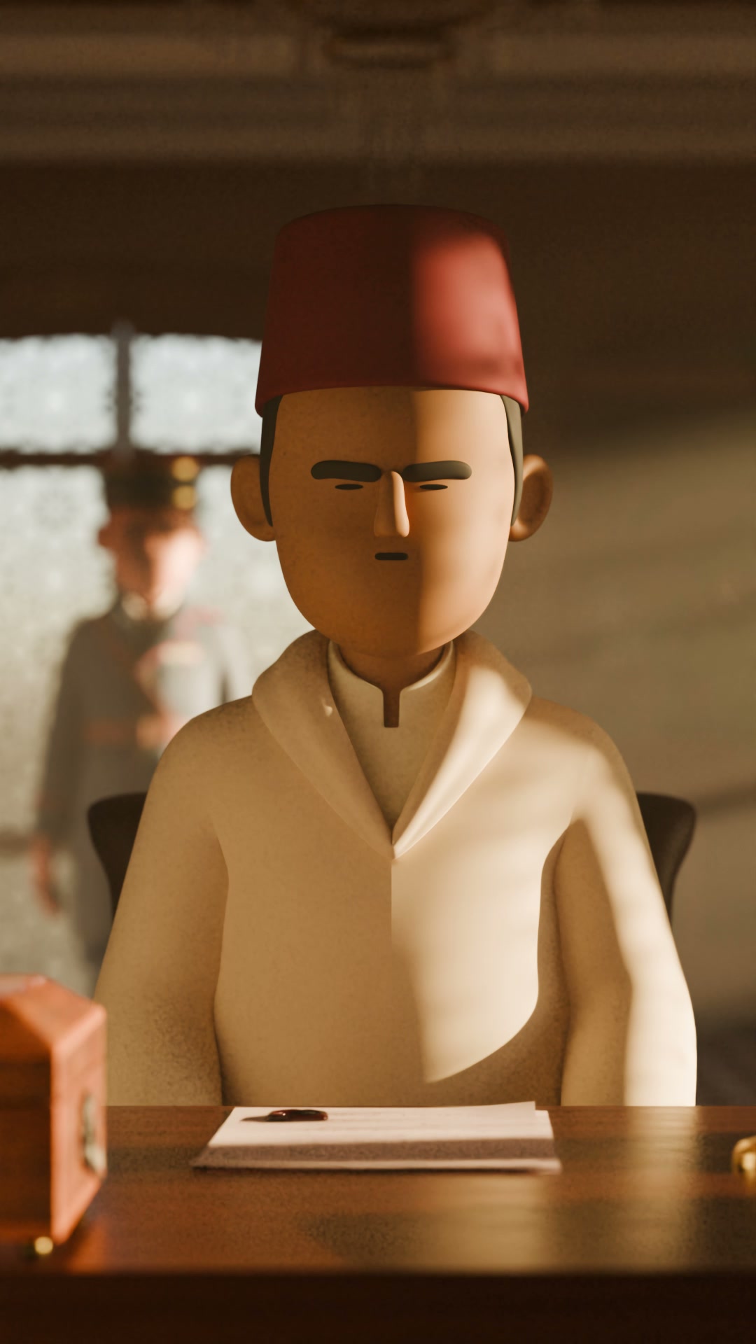 A close-up of the Sultan's face in profile, eye in sharp focus, jaw set — as a shadow drifts across his face.