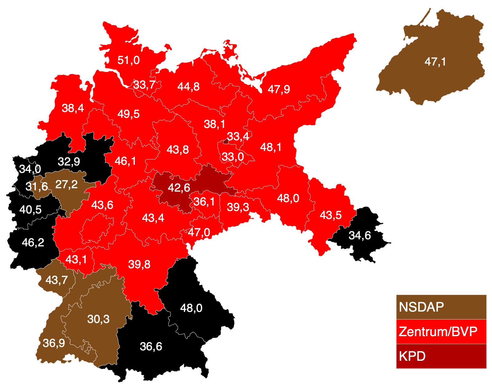 A map of Germany divided into Reichstag constituencies, each shaded for the party with the largest vote share in July 1932.