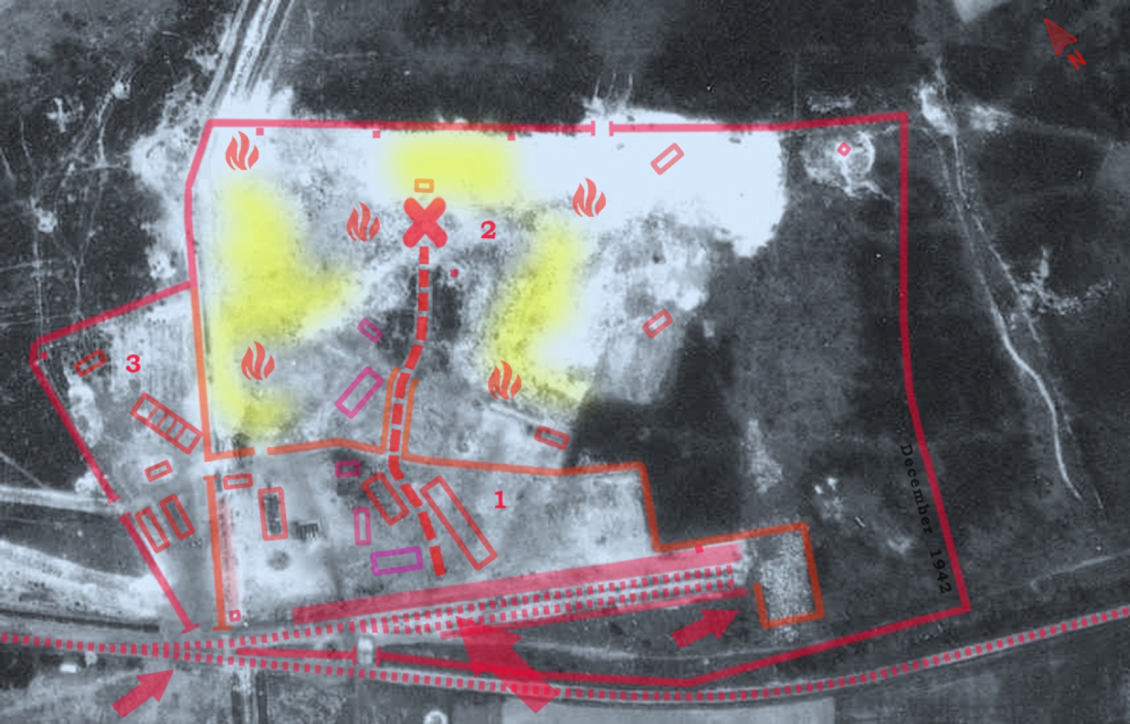 Grainy black and white aerial reconnaissance photograph of a rectangular cleared site beside a rail line, with almost no structures visible.