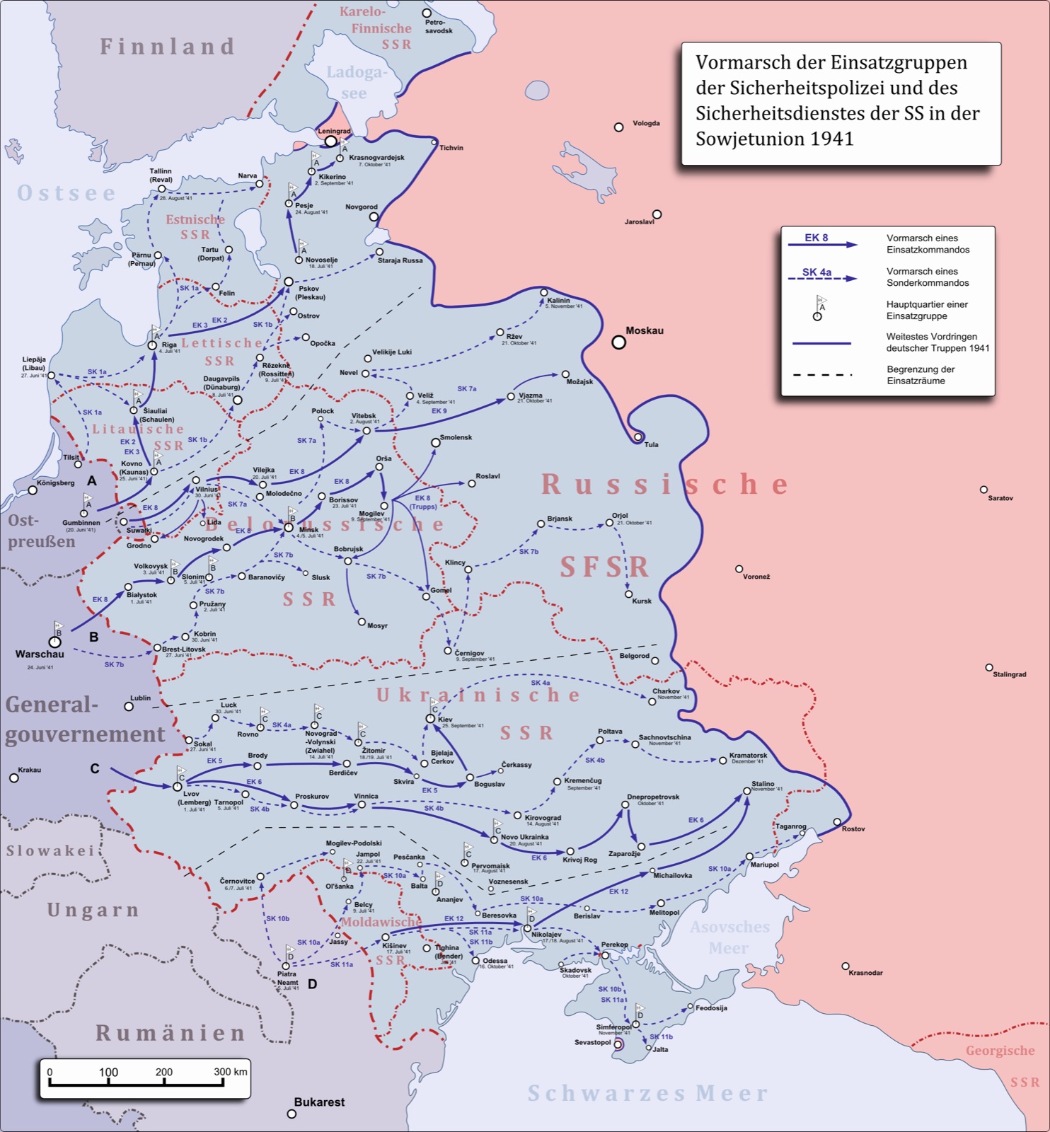 A map of the western Soviet Union in 1941, labeled in German, with four zones marking the operating areas of Einsatzgruppen A, B, C and D behind the front.