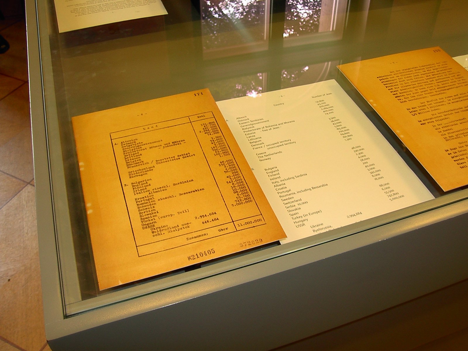 Two typed sheets side by side in a lit museum case, each a two-column list of country names against figures, the German document on the left and an English translation on the right.