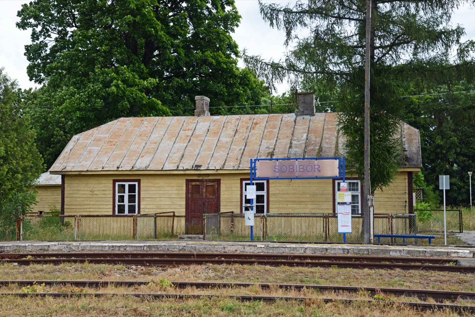 A short railway platform and a length of straight track bed running through green woodland on a clear summer day.